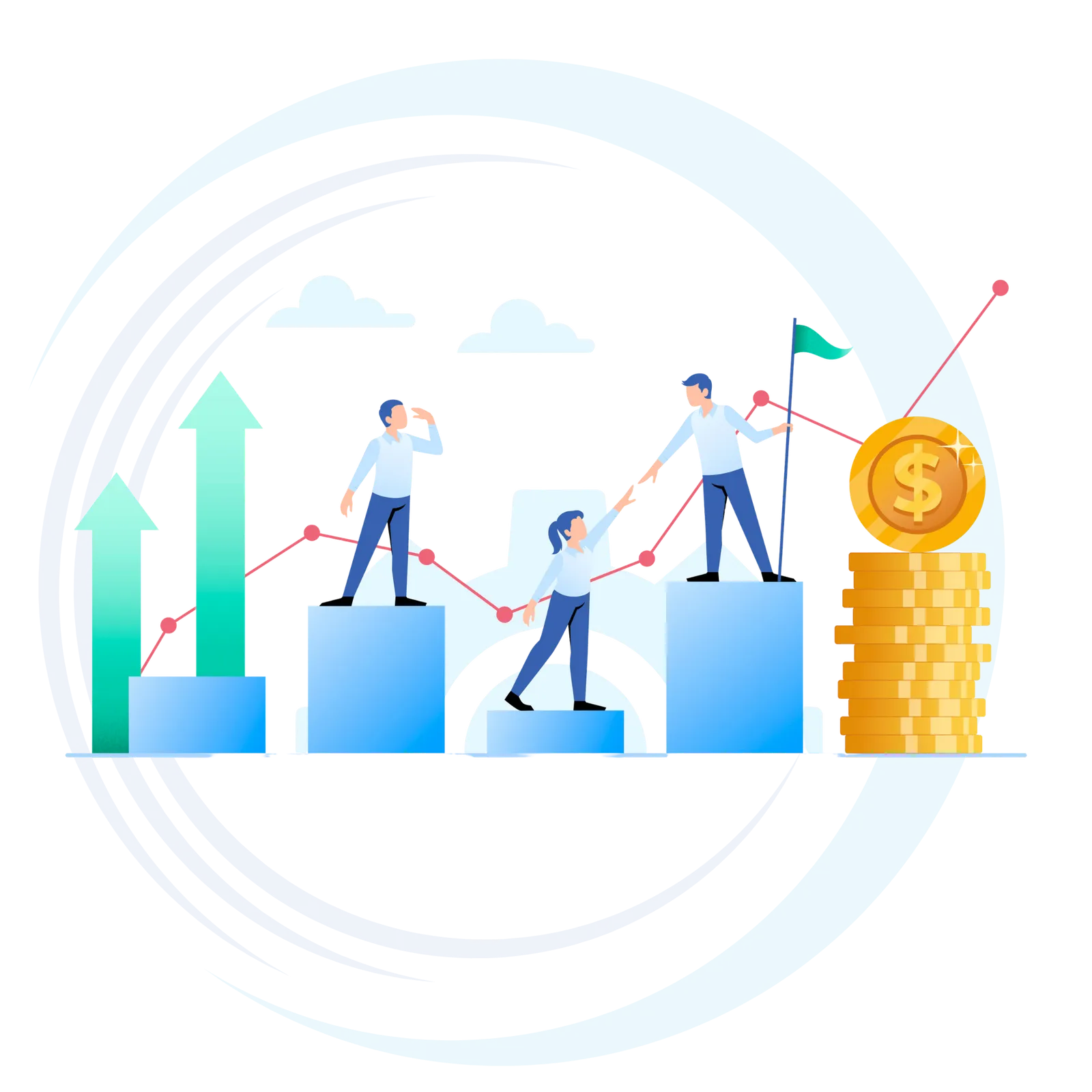 Illustration of investors climbing bar charts towards a stack of gold coins